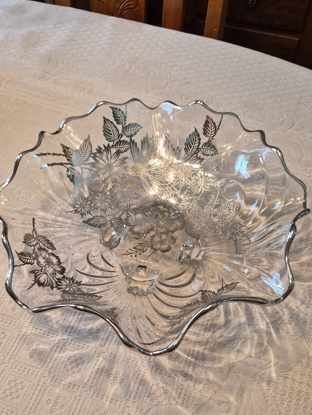 Vintage Footed Ruffled Silver Overlay Crystal Bowl Silver City Glass Flanders